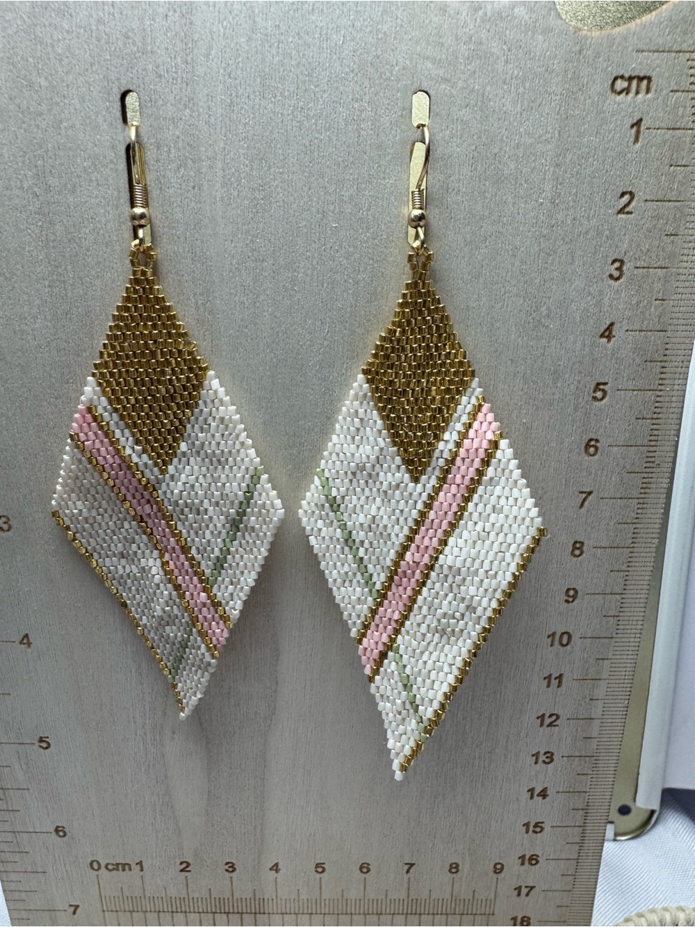 ★ Boho Beaded Diamond Earrings Ivory Pink Gold Statement Jewelry - Picture 3 of 4